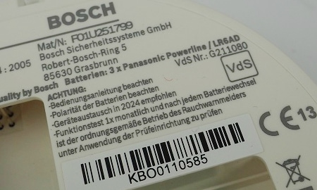VdS Kennzeichnung des Bosch Ferion 3000 O Rauchmelders auf der Unterseite